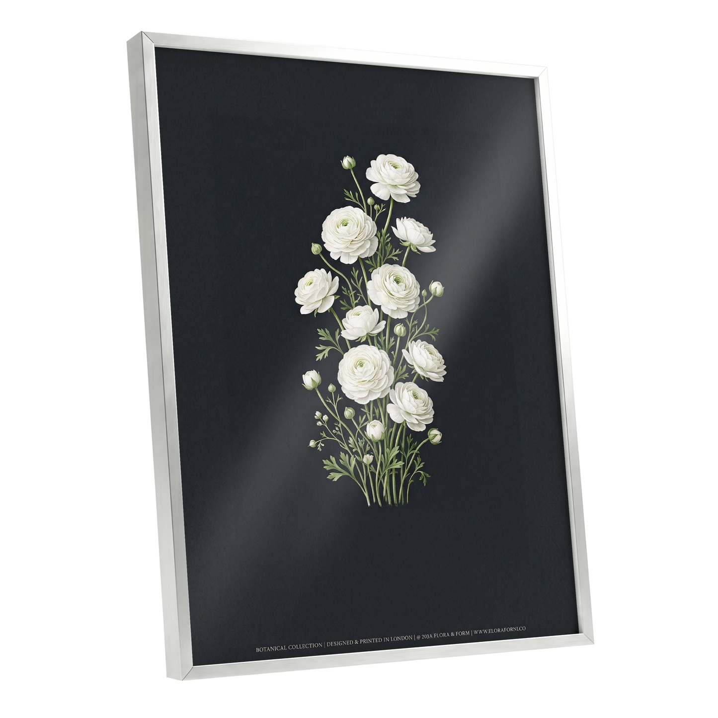 Ivory Bloom Study, black, green, white floral wall art shown as a silver framed poster wall art print