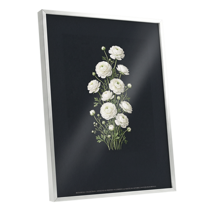 Ivory Bloom Study, black, green, white floral wall art shown as a silver framed poster wall art print
