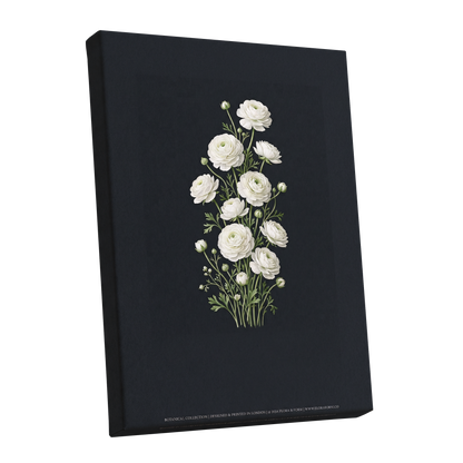 Ivory Bloom Study, black, green, white floral wall art shown as a stretched canvas wall art
