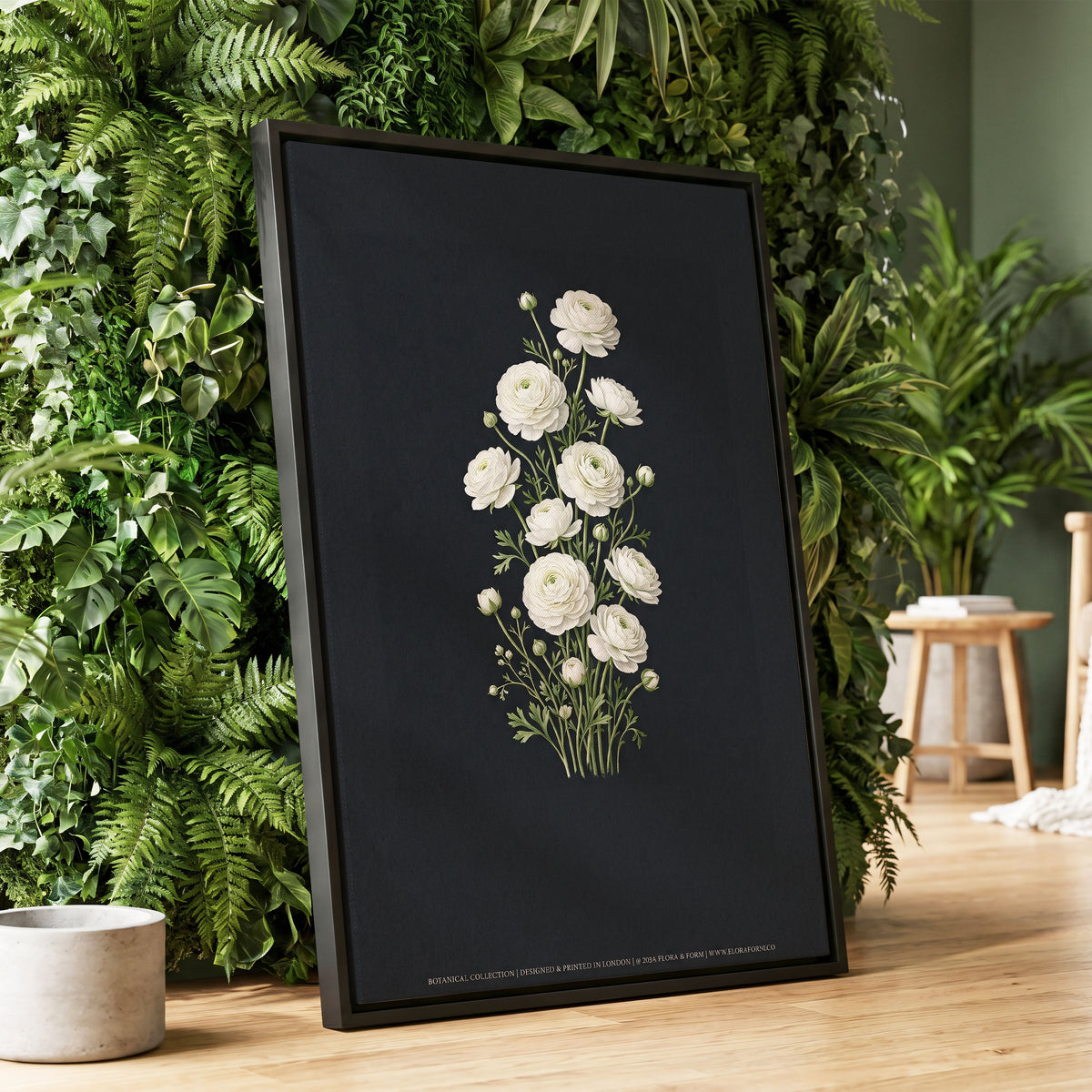 Ivory Bloom Study, black, green, white floral wall art displayed in a styled interior, gallery view 1