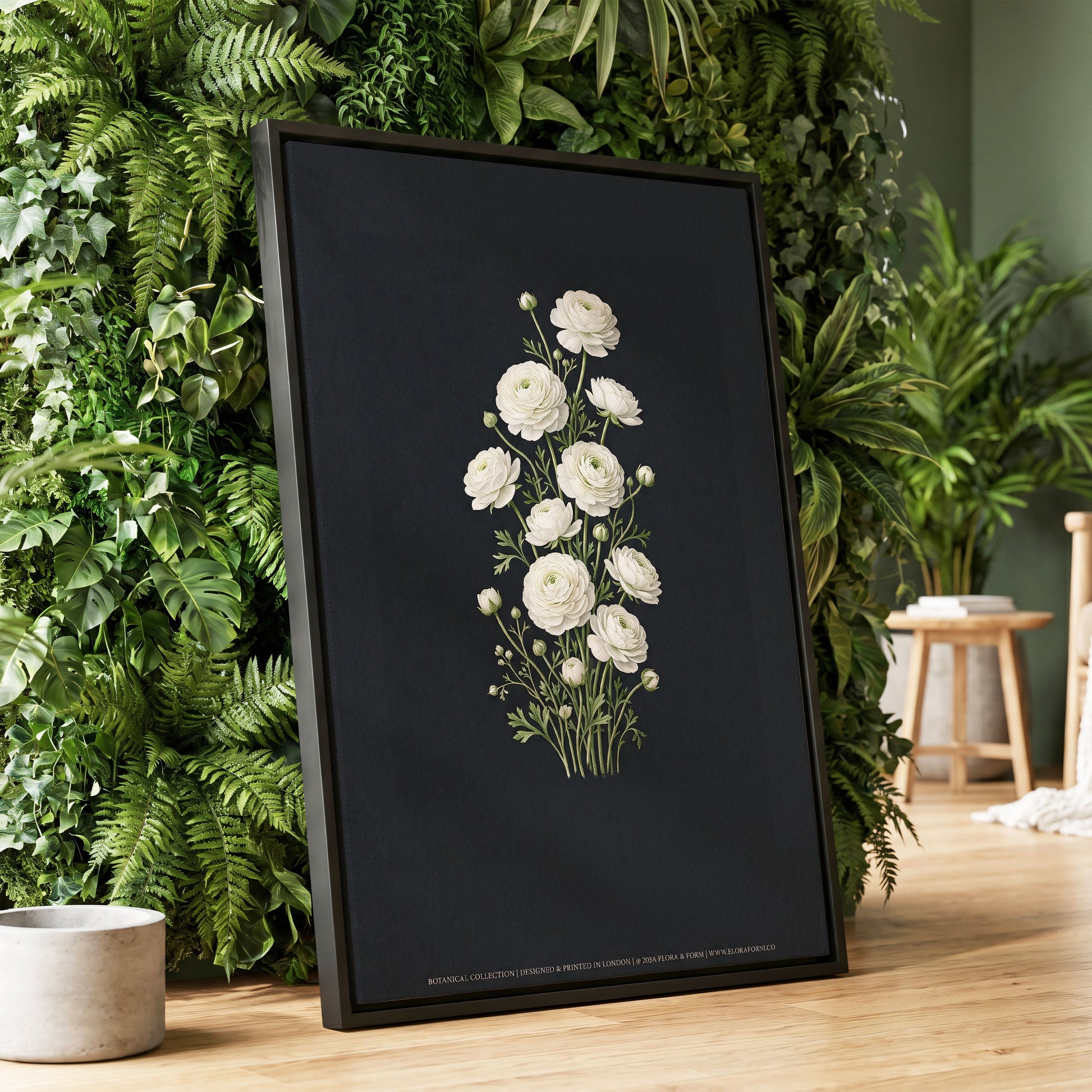 Ivory Bloom Study, black, green, white floral wall art displayed in a styled interior, gallery view 1