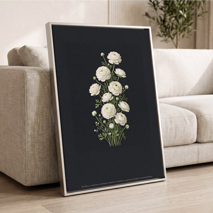 Ivory Bloom Study, black, green, white floral wall art displayed in a styled interior, gallery view 2