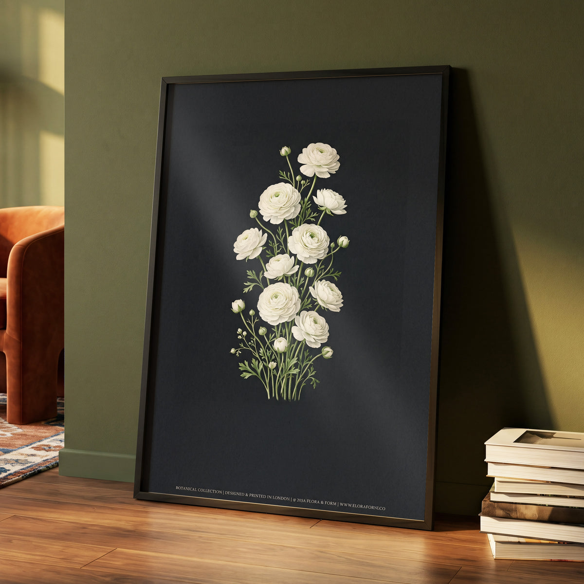 Ivory Bloom Study, black, green, white floral wall art displayed in a styled interior, gallery view 4