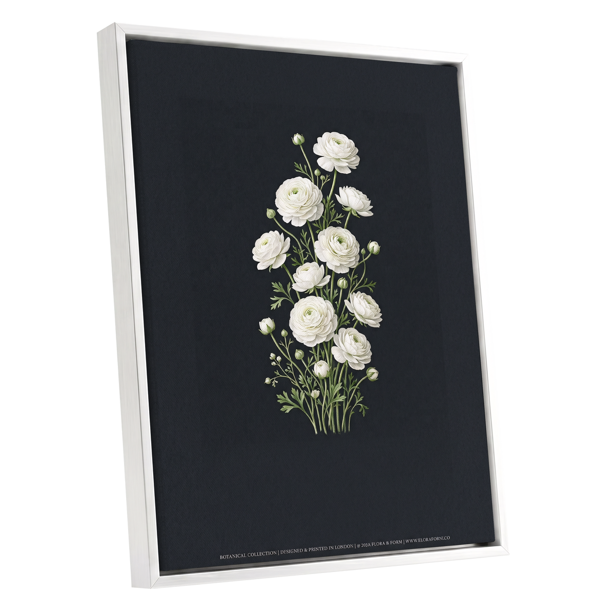 Ivory Bloom Study, black, green, white floral wall art shown as a white framed canvas wall art