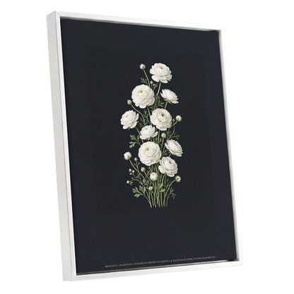 Ivory Bloom Study, black, green, white floral wall art shown as a white framed canvas wall art