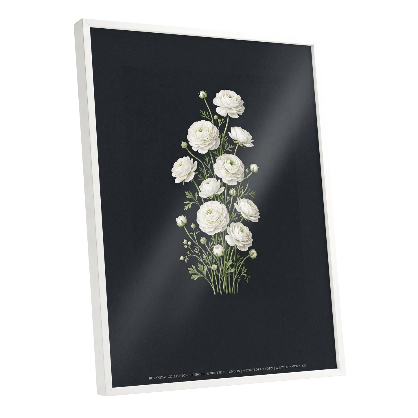 Ivory Bloom Study, black, green, white floral wall art shown as a white framed poster wall art print