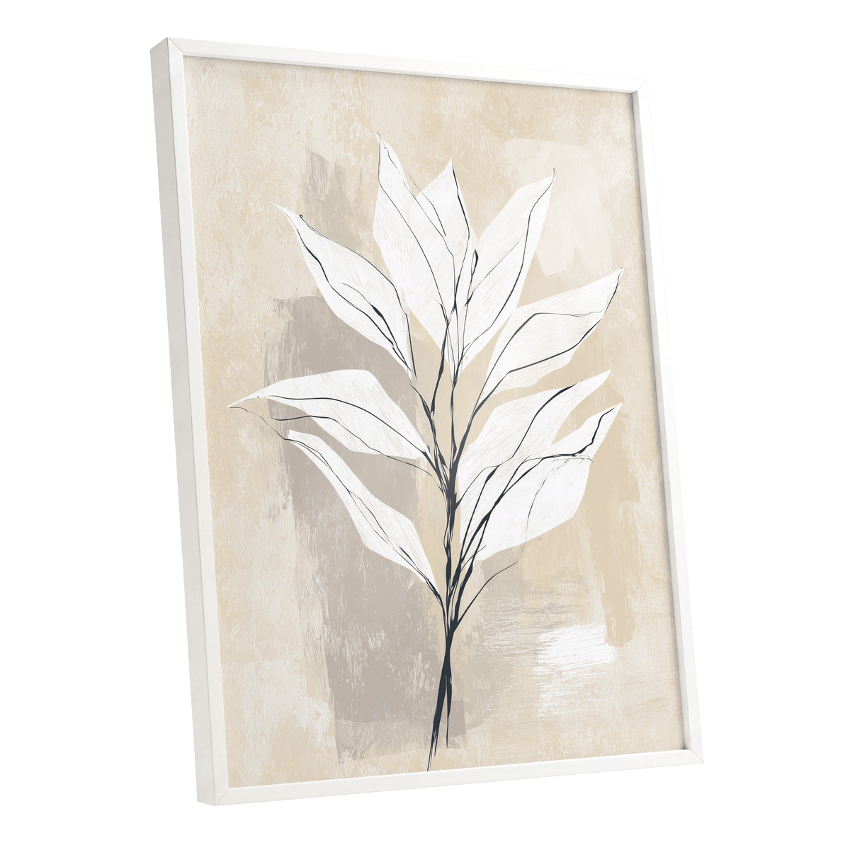 Ivory Botanical Lines: white-framed minimalist botanical artwork with white leaves and fine black stems on a layered cream, beige and pale grey background, shown at a three-quarter angle.