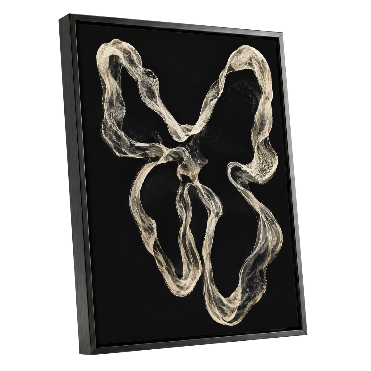 Ivory Drift, black, beige, white abstract wall art shown as a black framed canvas wall art