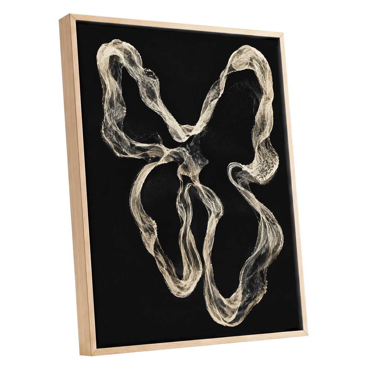 Ivory Drift, black, beige, white abstract wall art shown as a oak framed canvas wall art