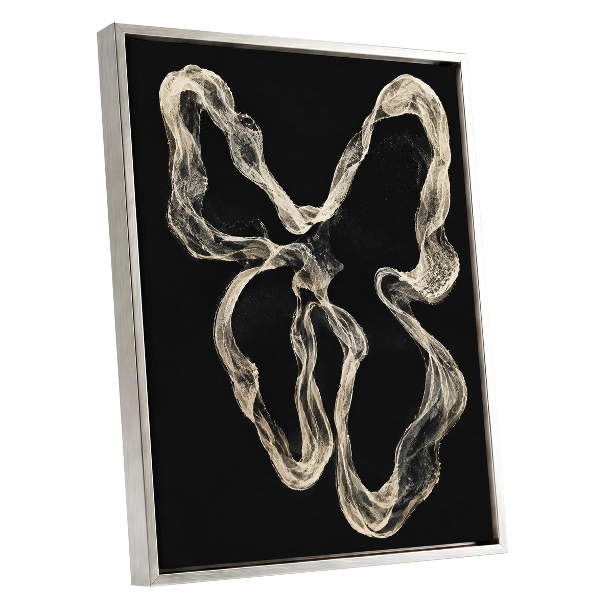 Ivory Drift, black, beige, white abstract wall art shown as a silver framed canvas wall art