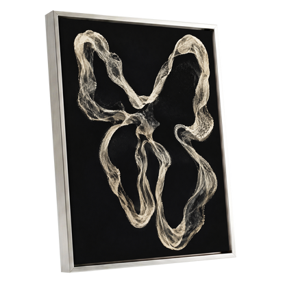 Ivory Drift, black, beige, white abstract wall art shown as a silver framed canvas wall art