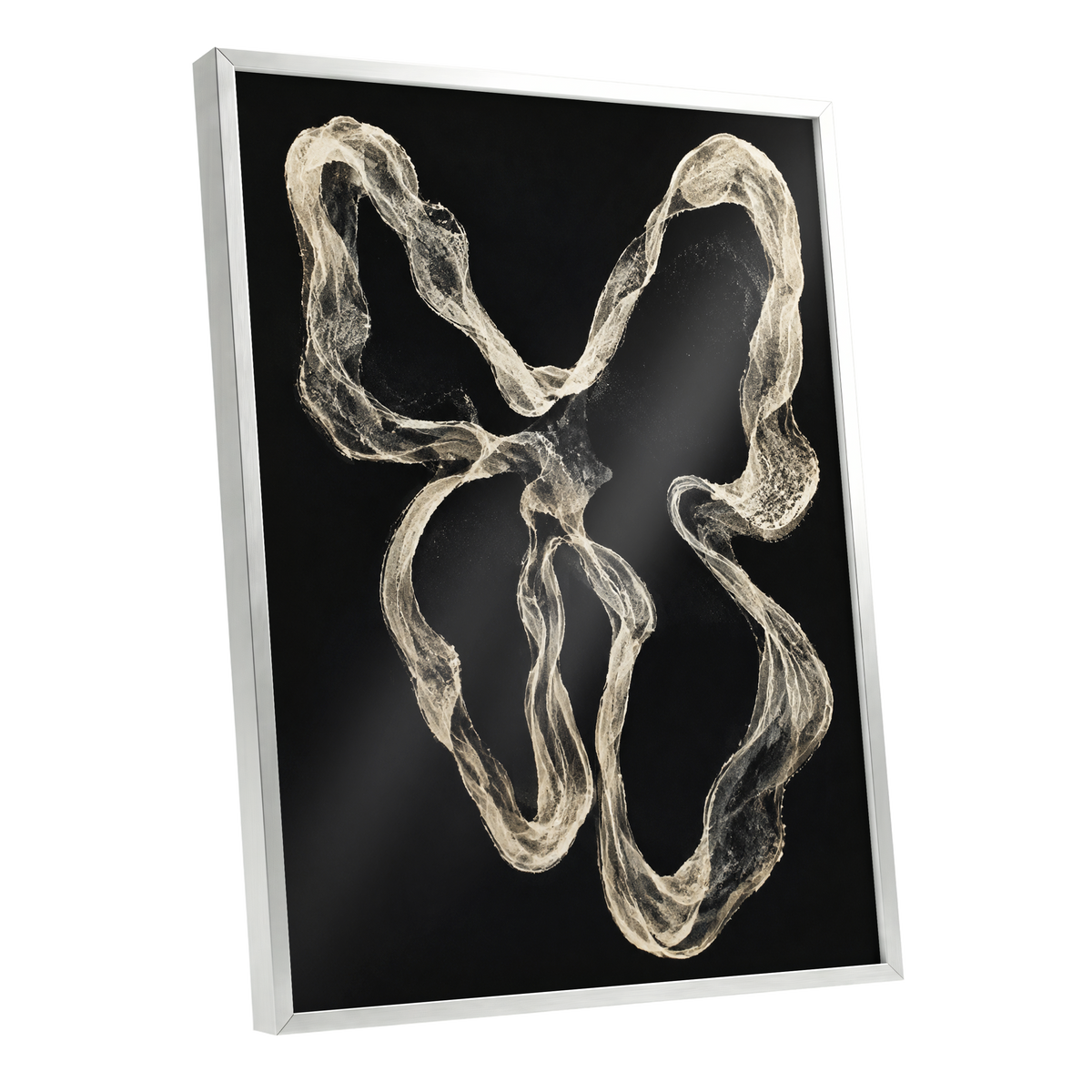 Ivory Drift, black, beige, white abstract wall art shown as a silver framed poster wall art print