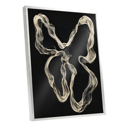 Ivory Drift, black, beige, white abstract wall art shown as a silver framed poster wall art print