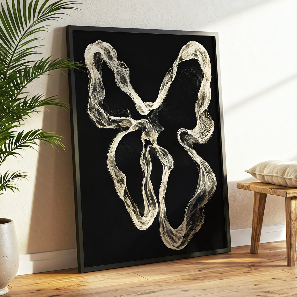 Ivory Drift, black, beige, white abstract wall art displayed in a styled interior, gallery view 2