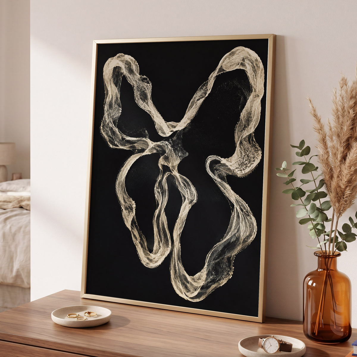 Ivory Drift, black, beige, white abstract wall art displayed in a styled interior, gallery view 6