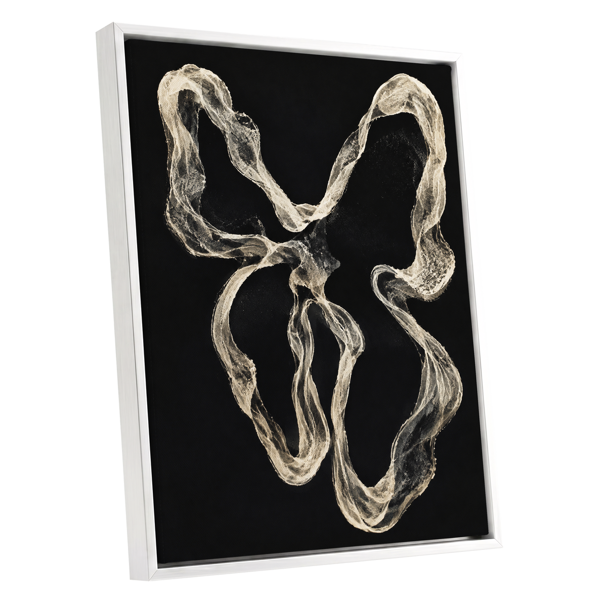 Ivory Drift, black, beige, white abstract wall art shown as a white framed canvas wall art
