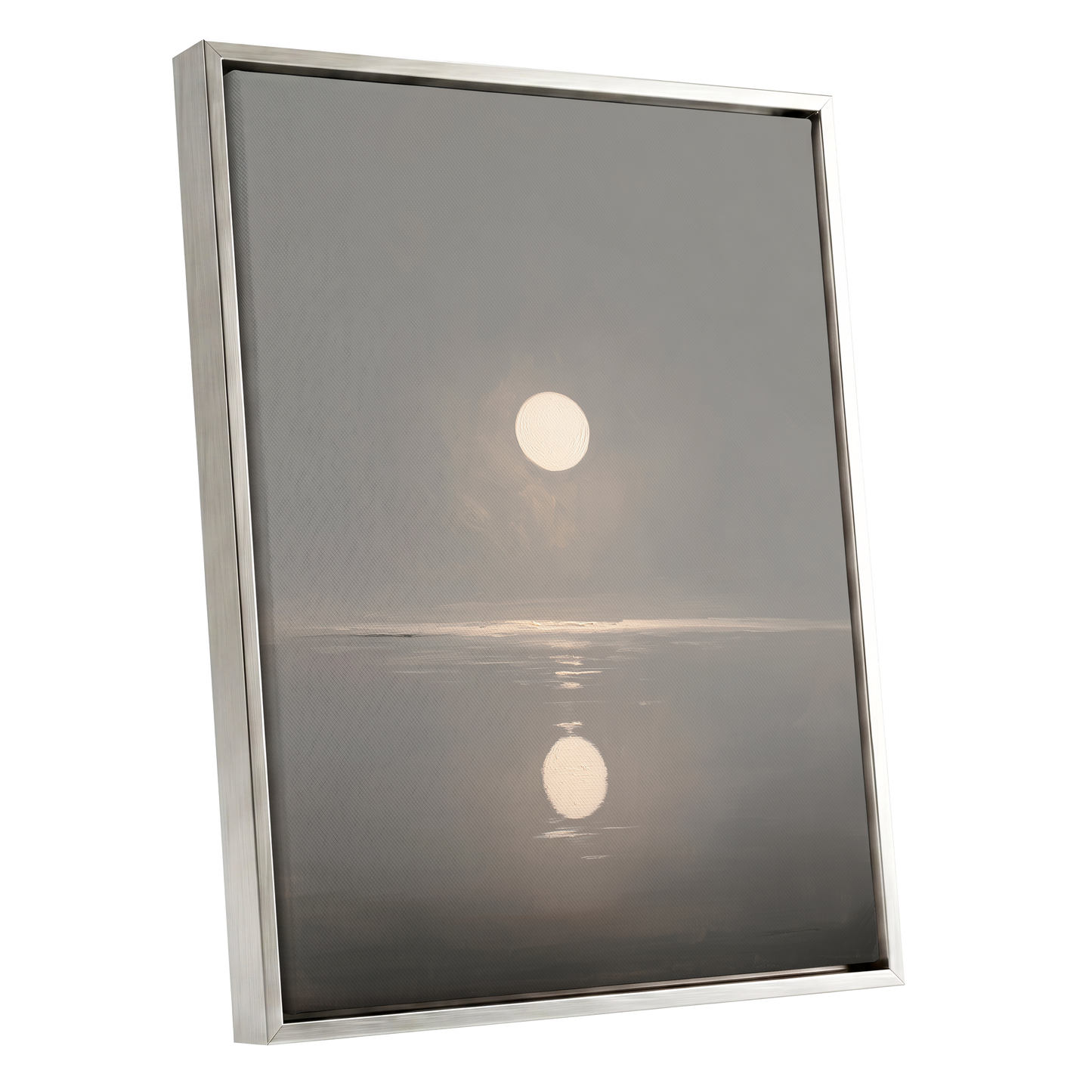Ivory Echo on Stillwater, gray, beige, white nature wall art shown as a silver framed canvas wall art