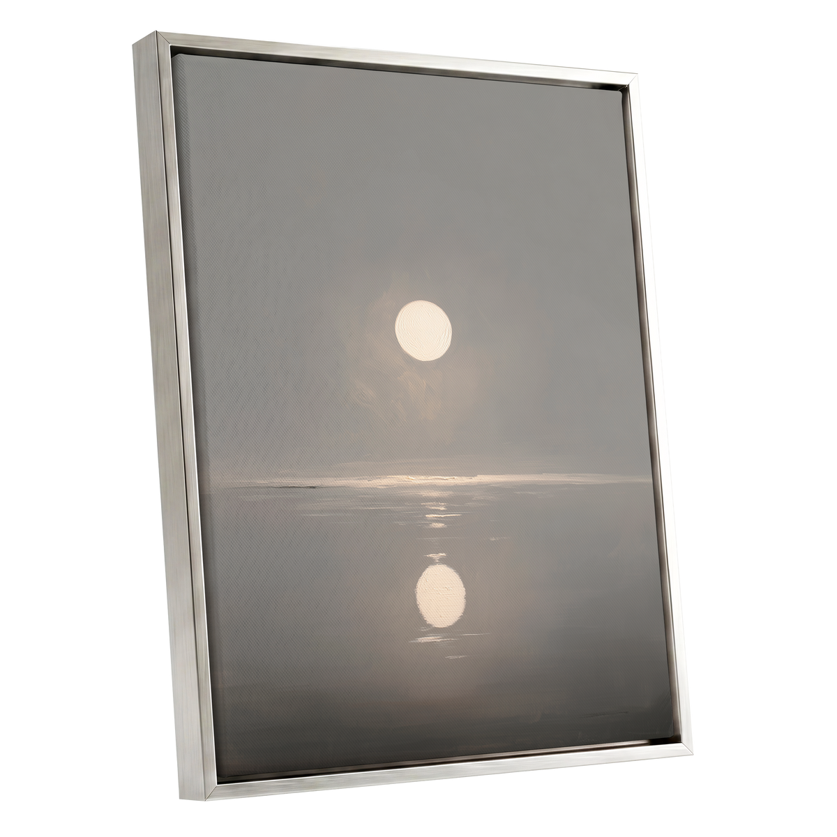 Ivory Echo on Stillwater, gray, beige, white nature wall art shown as a silver framed canvas wall art