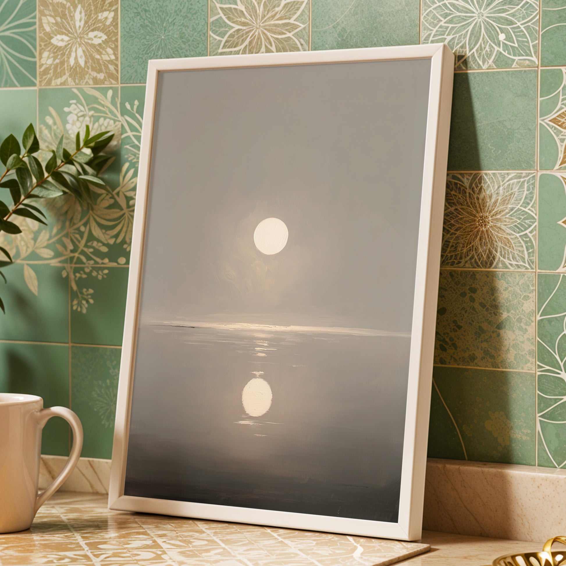 Ivory Echo on Stillwater, gray, beige, white nature wall art displayed in a styled interior, gallery view 9
