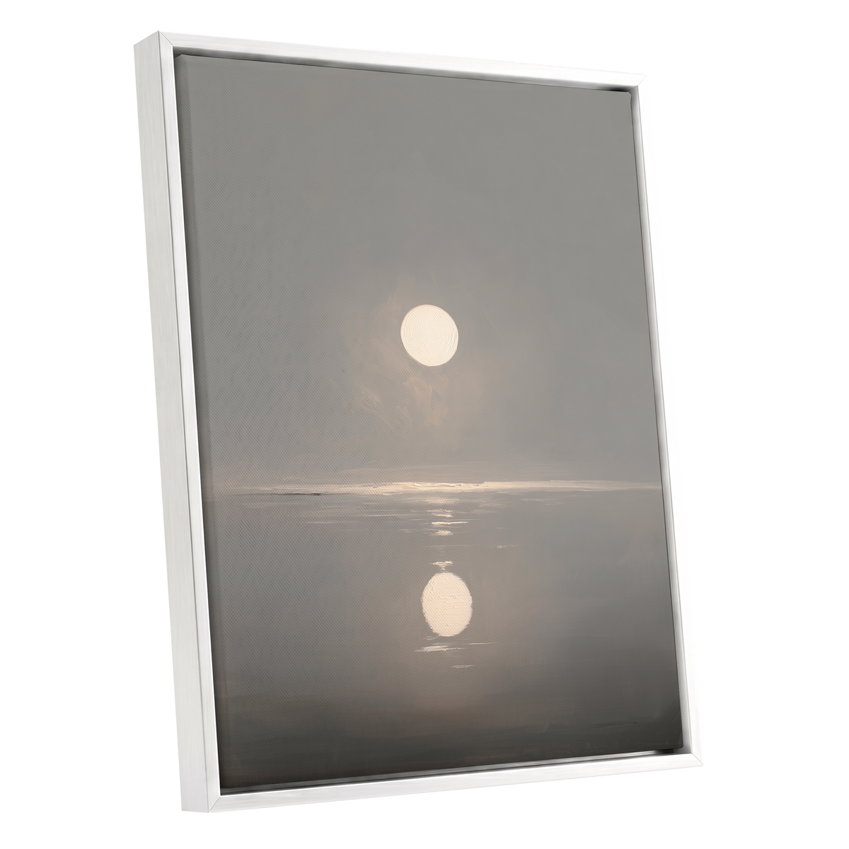 Ivory Echo on Stillwater, gray, beige, white nature wall art shown as a white framed canvas wall art