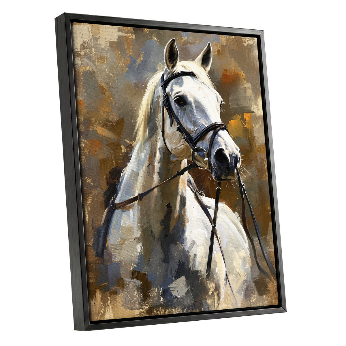 Ivory Equine, white, black, beige nature wall art shown as a black framed canvas wall art
