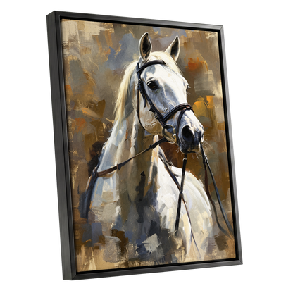 Ivory Equine, white, black, beige nature wall art shown as a black framed canvas wall art