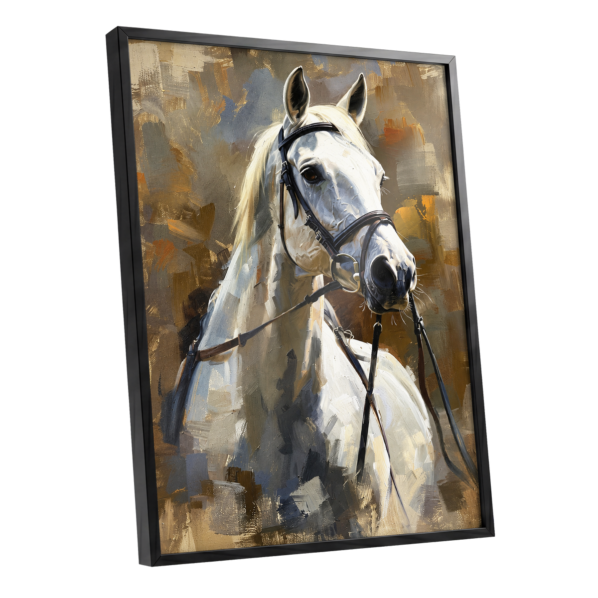 Ivory Equine, white, black, beige nature wall art shown as a black framed poster wall art print