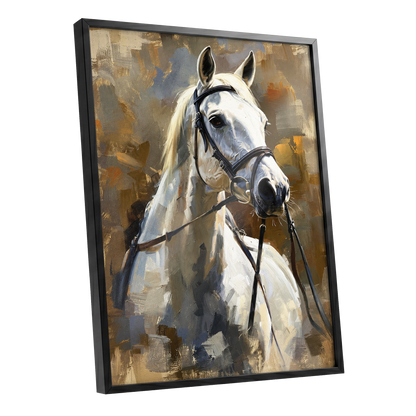 Ivory Equine, white, black, beige nature wall art shown as a black framed poster wall art print