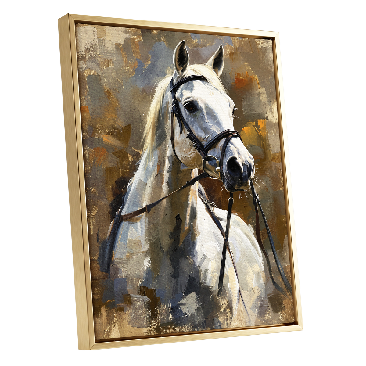 Ivory Equine, white, black, beige nature wall art shown as a gold framed canvas wall art