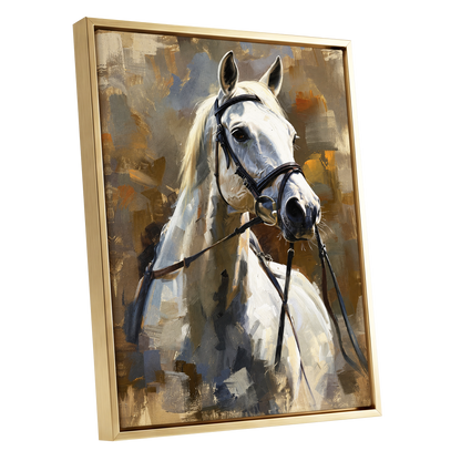 Ivory Equine, white, black, beige nature wall art shown as a gold framed canvas wall art