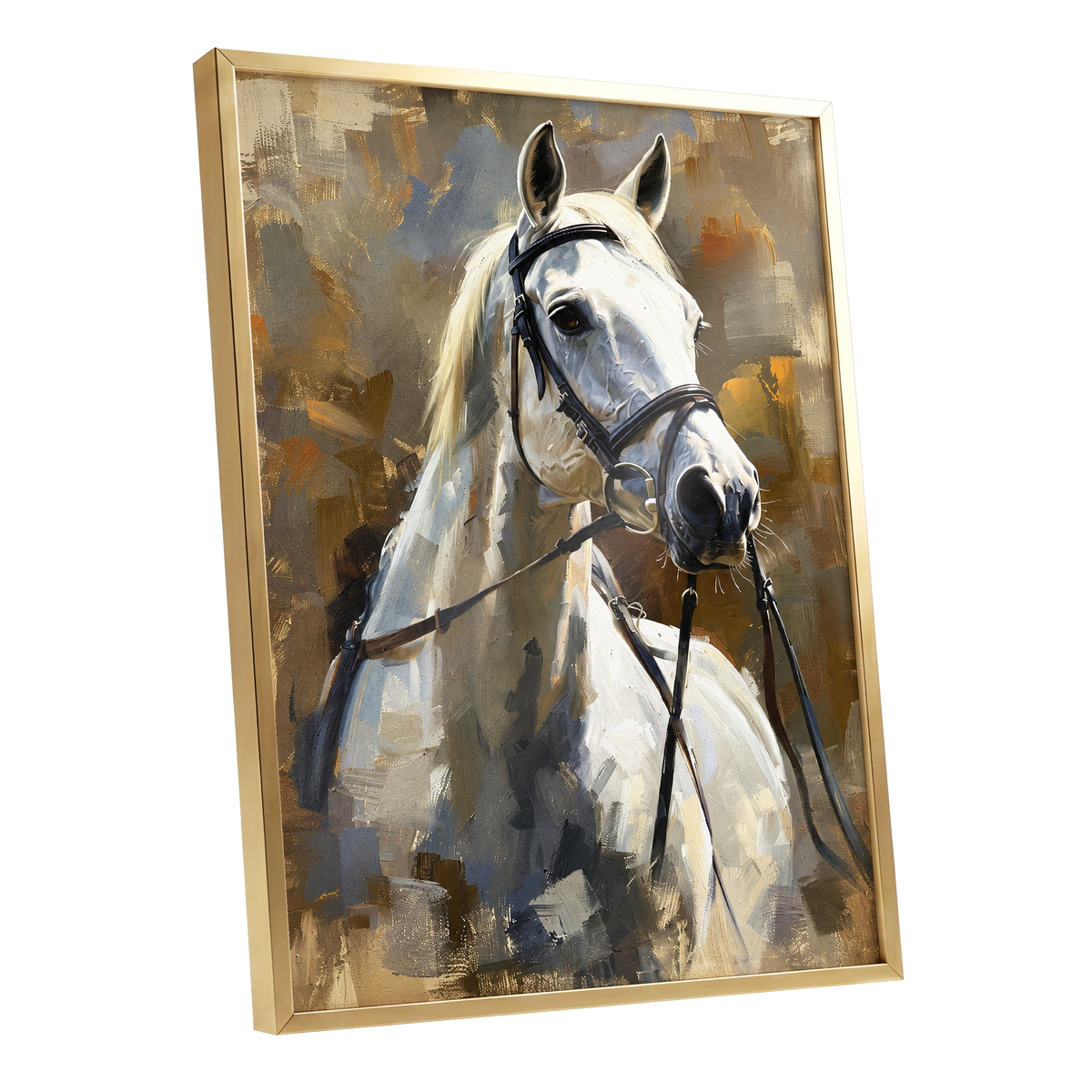 Ivory Equine, white, black, beige nature wall art shown as a gold framed poster wall art print