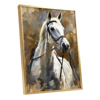 Ivory Equine, white, black, beige nature wall art shown as a gold framed poster wall art print