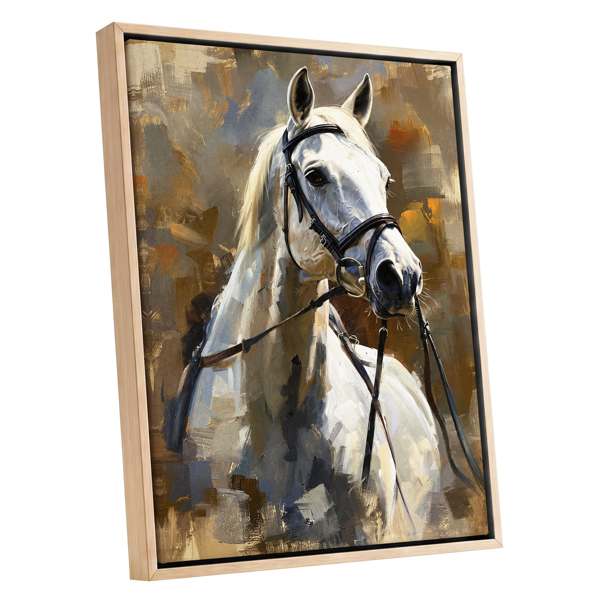 Ivory Equine, white, black, beige nature wall art shown as a oak framed canvas wall art