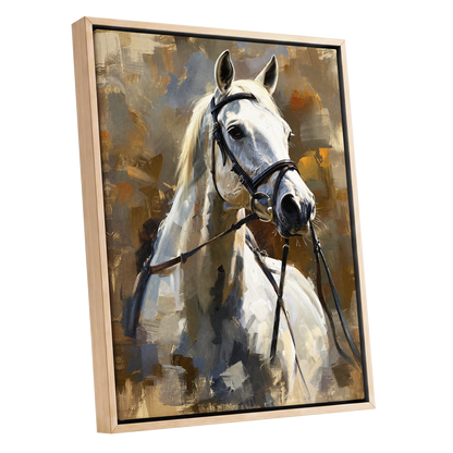 Ivory Equine, white, black, beige nature wall art shown as a oak framed canvas wall art