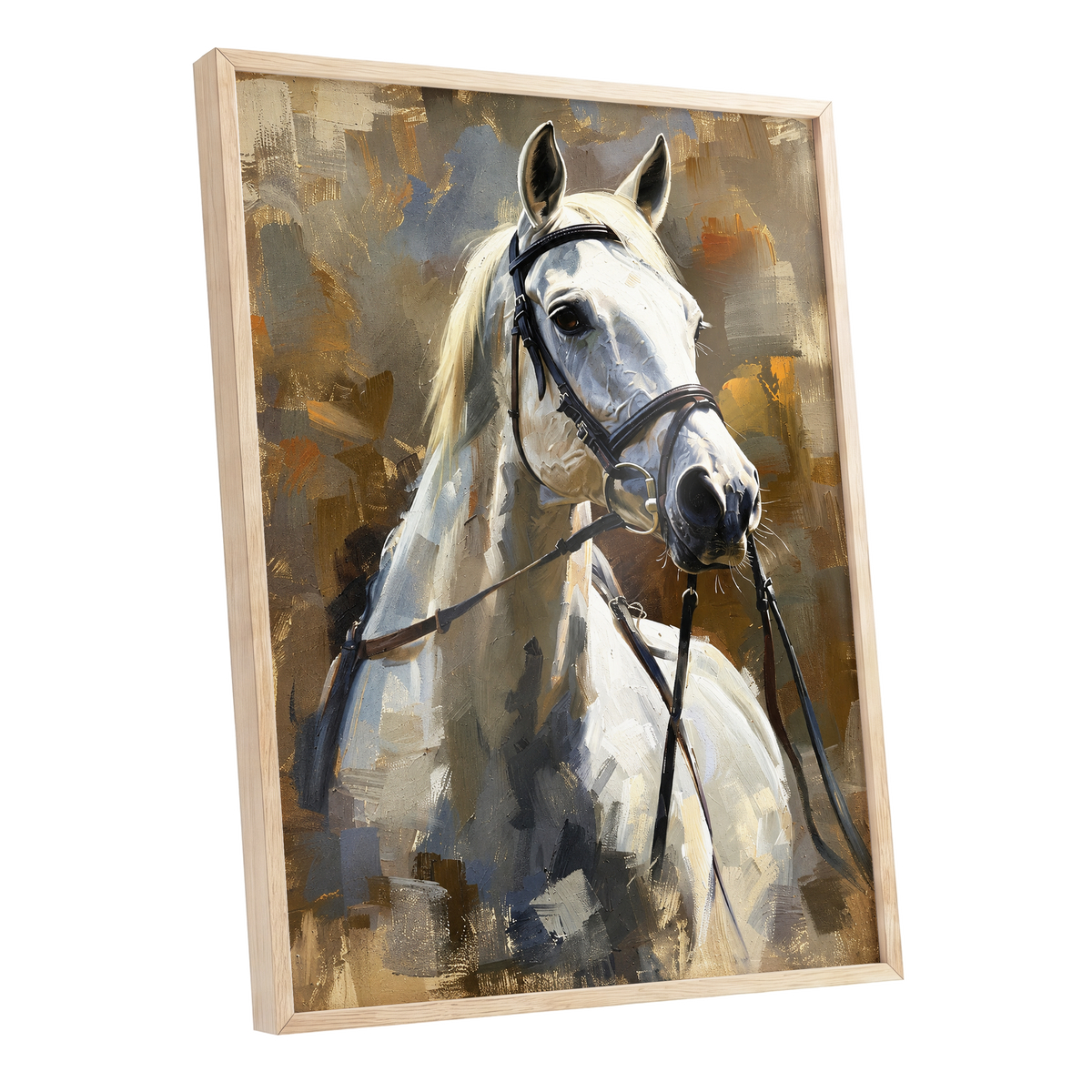 Ivory Equine, white, black, beige nature wall art shown as a oak framed poster wall art print