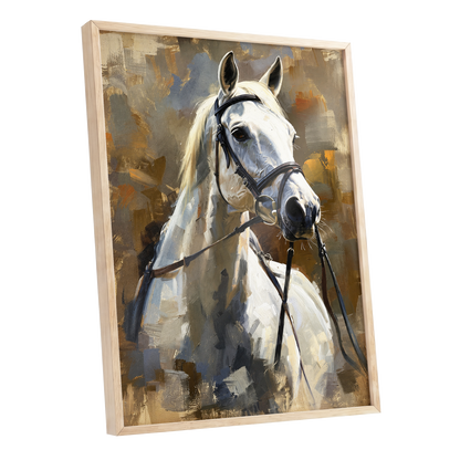 Ivory Equine, white, black, beige nature wall art shown as a oak framed poster wall art print