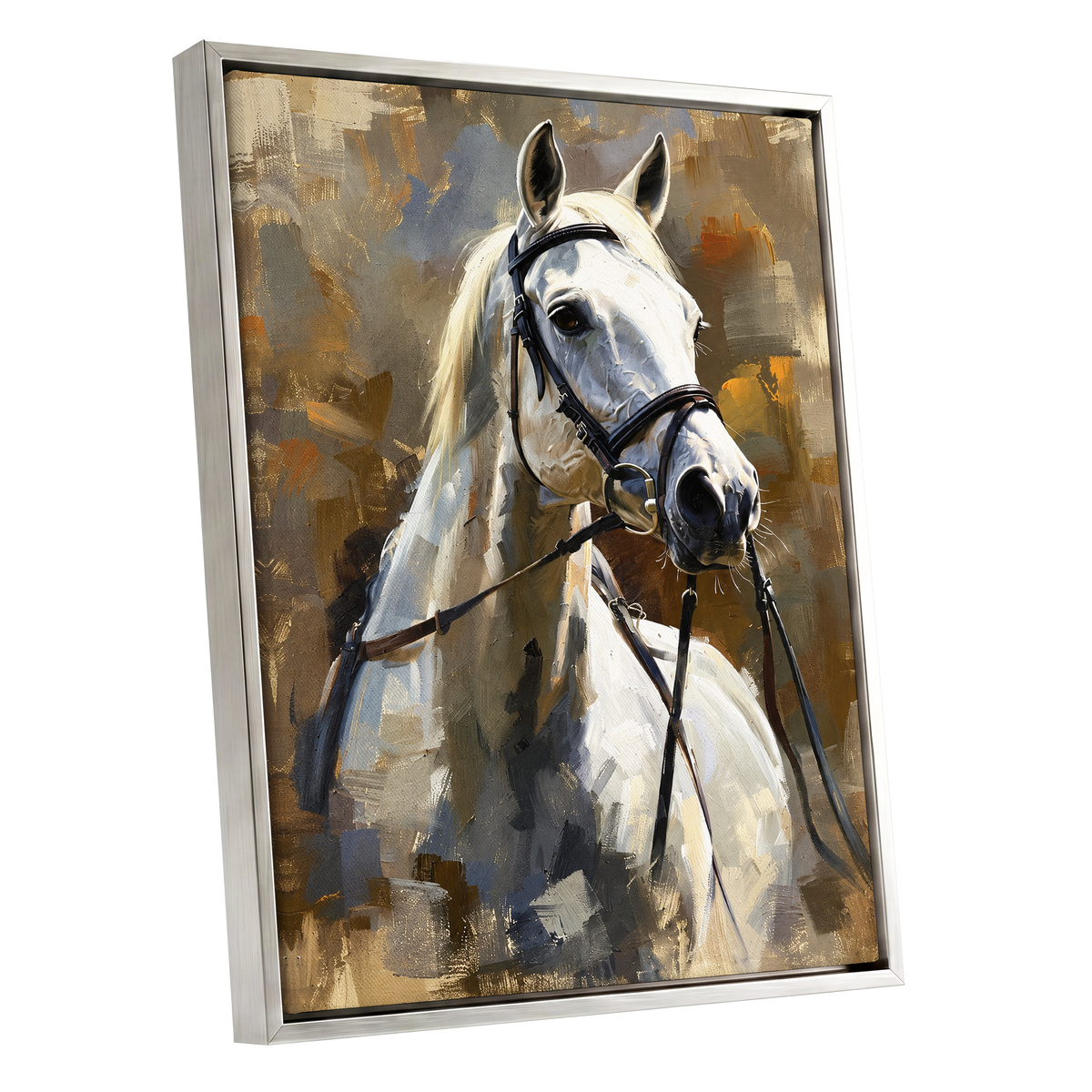 Ivory Equine, white, black, beige nature wall art shown as a silver framed canvas wall art