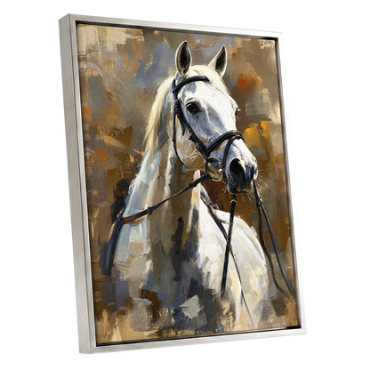 Ivory Equine, white, black, beige nature wall art shown as a silver framed canvas wall art
