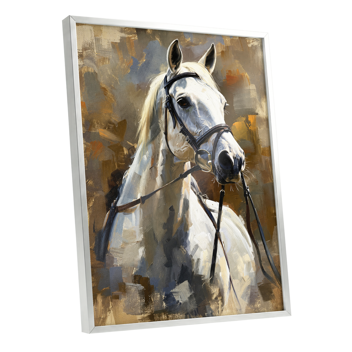 Ivory Equine, white, black, beige nature wall art shown as a silver framed poster wall art print
