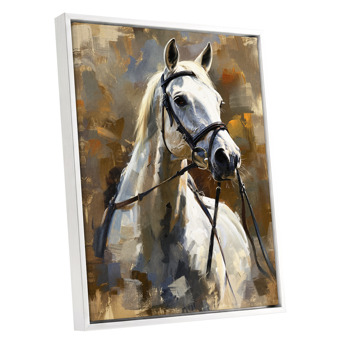 Ivory Equine, white, black, beige nature wall art shown as a white framed canvas wall art