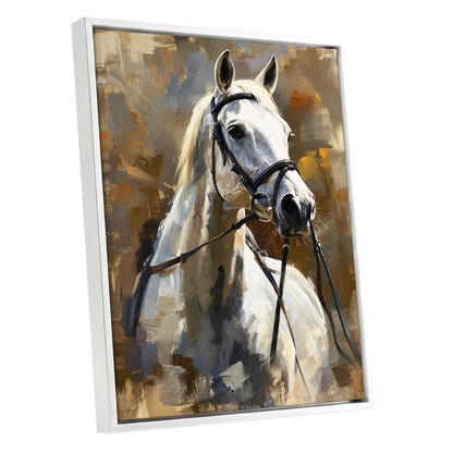 Ivory Equine, white, black, beige nature wall art shown as a white framed canvas wall art