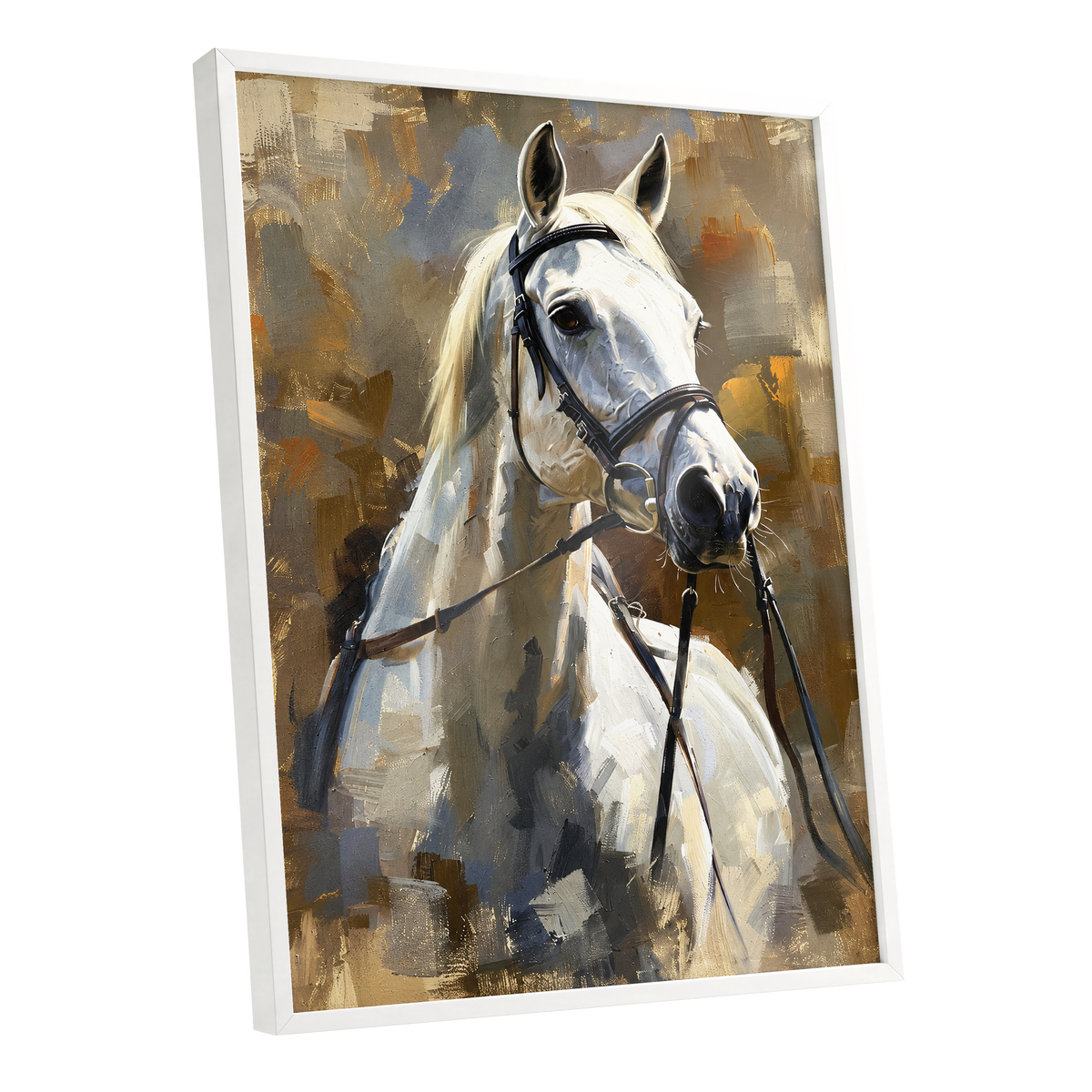 Ivory Equine, white, black, beige nature wall art shown as a white framed poster wall art print