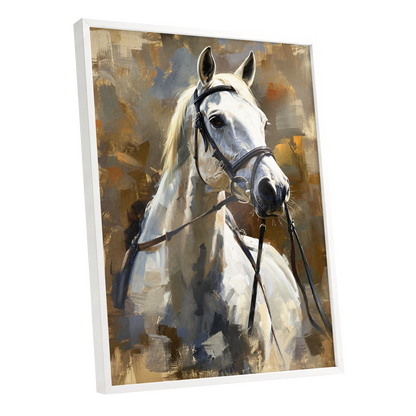 Ivory Equine, white, black, beige nature wall art shown as a white framed poster wall art print