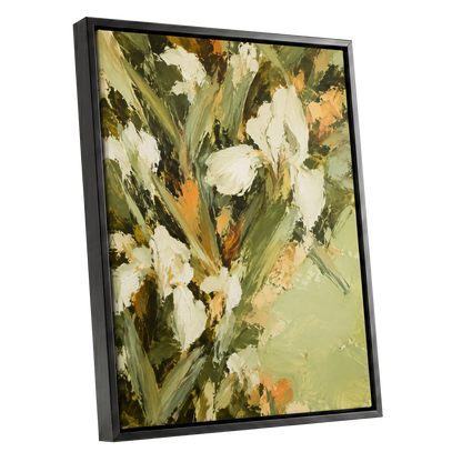 Ivory Garden Rhythm, green, white, beige floral wall art shown as a black framed canvas wall art