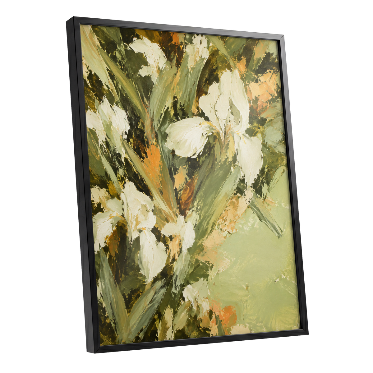 Ivory Garden Rhythm, green, white, beige floral wall art shown as a black framed poster wall art print