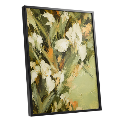 Ivory Garden Rhythm, green, white, beige floral wall art shown as a black framed poster wall art print