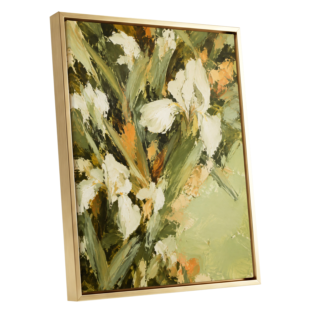 Ivory Garden Rhythm, green, white, beige floral wall art shown as a gold framed canvas wall art