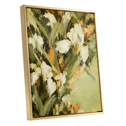 Ivory Garden Rhythm, green, white, beige floral wall art shown as a gold framed canvas wall art