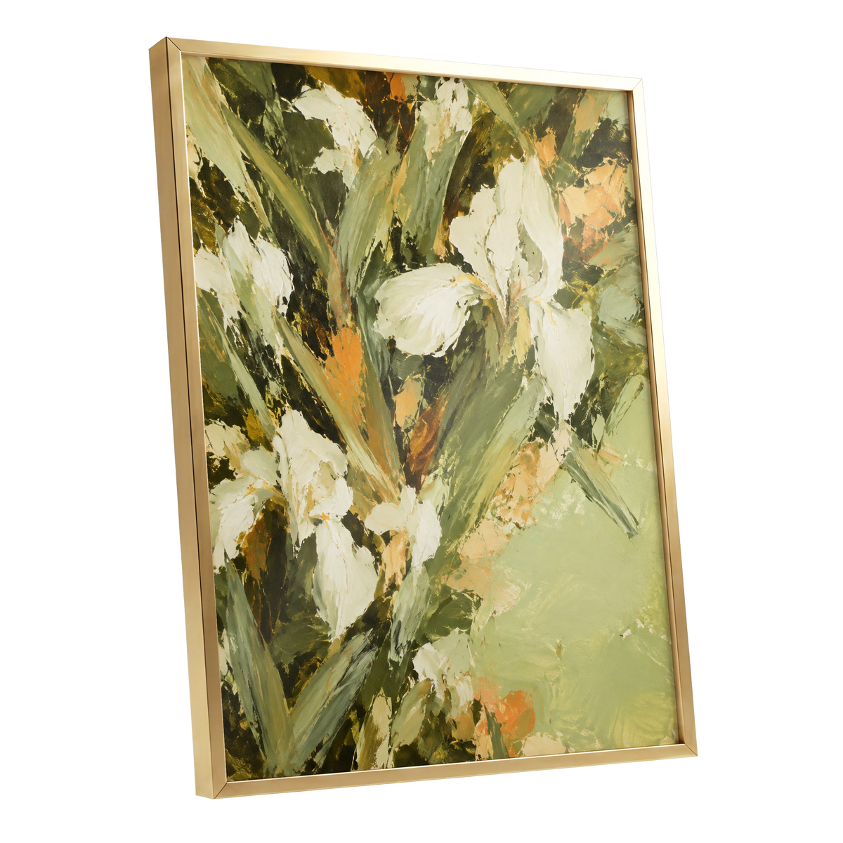 Ivory Garden Rhythm, green, white, beige floral wall art shown as a gold framed poster wall art print