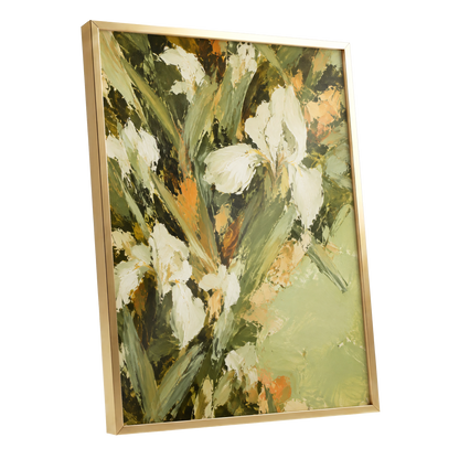 Ivory Garden Rhythm, green, white, beige floral wall art shown as a gold framed poster wall art print